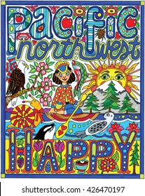 Pacific Northwest Happy Color Vector Illustration Poster Art