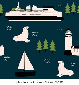 Pacific Northwest Ocean Pattern Seamless repeat hand drawn ferry seal and lighthouse pattern