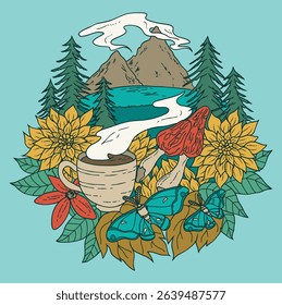Pacific Northwest-inspired illustration with mountains, trees, wildflowers, mushrooms, butterflies, and a coffee mug. 