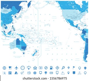 Pacific Ocean Blue Map and Navigation Map Icons. Detailed Pacific Ocean Vector Map. Vector illustration.