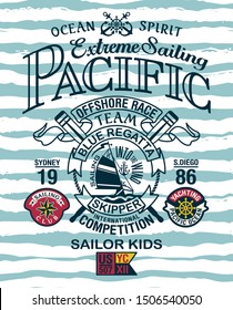 Pacific ocean extreme sailing yacht club vintage vector print for children wear with applique patches