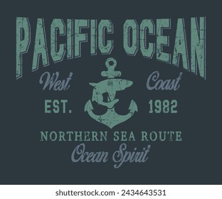 Océano Pacífico Northern Sea Route Vintage universitario varsity eslogan con textura grunge para camiseta gráfica o sudadera con capucha - Vector 