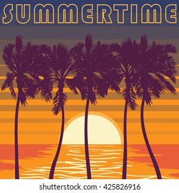 Pacific ocean palm beach. Summer tropical heat print. Summertime print vector illustration, Palm trees  and sunset illustration. Sunset sky in stripes. EPS10 vector illustration.