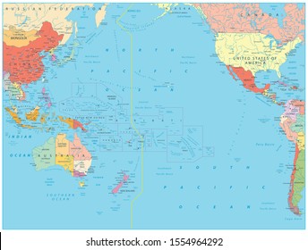 Pacific Ocean Political Map. No Bathymetry. Detailed Pacific Ocean Vector Map. Vector Illustration.