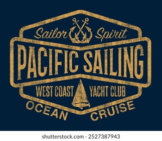 Pacific ocean sailing cruise label vector print for kid boy children t shirt  grunge effect in separate layer