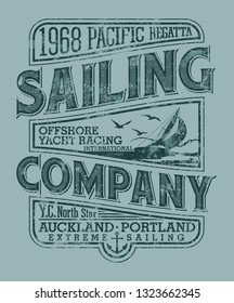 Pacific ocean sailing race regatta vector print for boy t shirt grunge effect in separate layers