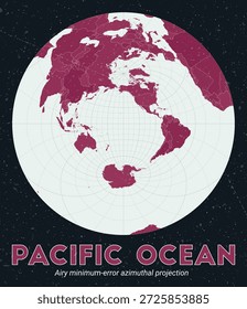 Océano Pacífico. Mapa mundial. Proyección acimutal de error mínimo aéreo centrada en el Océano Pacífico. Pale Mint Dark Pink. Textura de Antiguas. Ilustración vectorial de tendencia.
