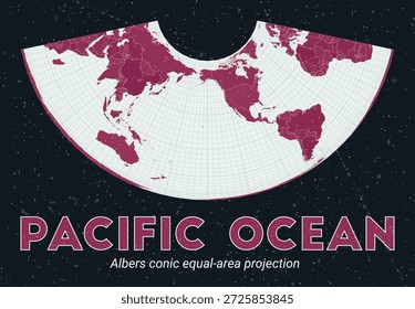 Océano Pacífico. Mapa mundial. Albers proyección cónica de igual área centrada en el Océano Pacífico. Pale Mint Dark Pink. Textura de Antiguas. Ilustración vectorial atractiva.