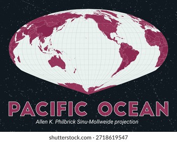 Oceano Pacífico. Mapa do mundo. Projeção de Allen K. Philbrick Sinu-Mollweide centrada no Oceano Pacífico. Paleta de menta pálida rosa escuro. Textura vintage. Ilustração vetorial clássica.