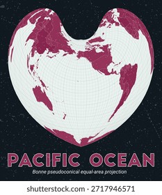Océano Pacífico. Mapa mundial. Proyección pseudocónica de área igual de Bonne centrada en el Océano Pacífico. Pale Mint Dark Pink. Textura de Antiguas. Hermosa Ilustración vectorial.
