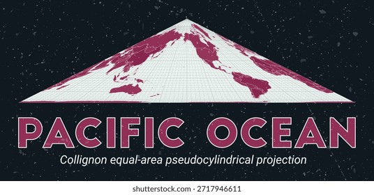 Océano Pacífico. Mapa mundial. Proyección pseudocilíndrica de área igual de Collignon centrada en el Océano Pacífico. Pale Mint Dark Pink. Textura de Antiguas. Ilustración vectorial cautivadora.