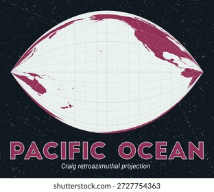 Océano Pacífico. Mapa mundial. Proyección retroazimutal de Craig centrada en el Océano Pacífico. Pale Mint Dark Pink. Textura de Antiguas. Ilustración vectorial viva.