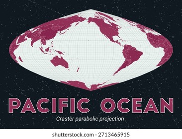 Oceano Pacífico. Mapa do mundo. Projeção parabólica de Craster centrada no Oceano Pacífico. Paleta de menta pálida rosa escuro. Textura vintage. Incrível ilustração vetorial.