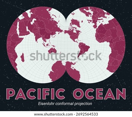 Pacific Ocean. World map. Eisenlohr conformal projection centered to Pacific Ocean. Pale Mint Dark Pink palette. Vintage texture. Artistic vector illustration.