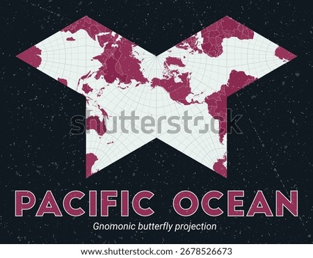 Pacific Ocean. World map. Gnomonic butterfly projection centered to Pacific Ocean. Pale Mint Dark Pink palette. Vintage texture. Authentic vector illustration.