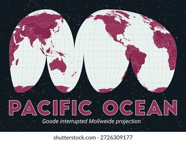 Océano Pacífico. Mapa mundial. Goode interrumpió la proyección de Mollweide centrada en el Océano Pacífico. Pale Mint Dark Pink. Textura de Antiguas. Ilustración vectorial clásica.