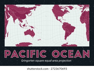 Océano Pacífico. Mapa mundial. Proyección cuadrada de igual área de Gringorten centrada en el Océano Pacífico. Pale Mint Dark Pink. Textura de Antiguas. Ilustración vectorial Auténtica.