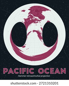 Océano Pacífico. Mapa mundial. Proyección retroazimutal de martillo centrada en el Océano Pacífico. Pale Mint Dark Pink. Textura de Antiguas. Ilustración vectorial ordenada.