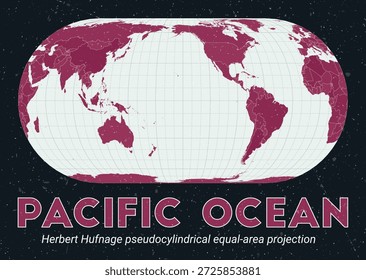 Océano Pacífico. Mapa mundial. Proyección pseudocilíndrica de área igual de Herbert Hufnage centrada en el Océano Pacífico. Pale Mint Dark Pink. Textura de Antiguas. Ilustración vectorial Auténtica.