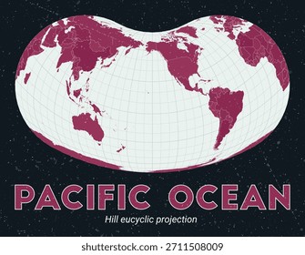 Oceano Pacífico. Mapa do mundo. Projeção eucíclica de Hill centrada no Oceano Pacífico. Paleta de menta pálida rosa escuro. Textura vintage. Bela ilustração vetorial.