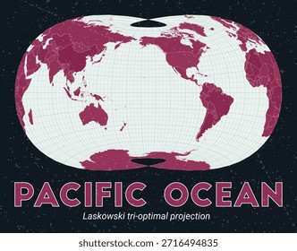 Océano Pacífico. Mapa mundial. Proyección tri-óptima de Laskowski centrada en el Océano Pacífico. Pale Mint Dark Pink. Textura de Antiguas. Ilustración vectorial ordenada.