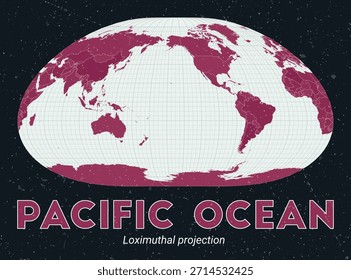 Oceano Pacífico. Mapa do mundo. Projeção loximutal centrada no Oceano Pacífico. Paleta de menta pálida rosa escuro. Textura vintage. Ilustração de vetor ativo.
