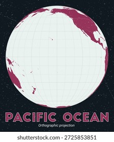 Océano Pacífico. Mapa mundial. Proyección ortográfica centrada en el Océano Pacífico. Pale Mint Dark Pink. Textura de Antiguas. Hermosa Ilustración vectorial.