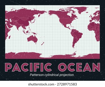 Océano Pacífico. Mapa mundial. Proyección cilíndrica de Patterson centrada en el Océano Pacífico. Pale Mint Dark Pink. Textura de Antiguas. Ilustración vectorial artística.