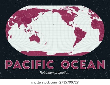 Oceano Pacífico. Mapa do mundo. Projeção de Robinson centrada no Oceano Pacífico. Paleta de menta pálida rosa escuro. Textura vintage. Ilustração vetorial clássica.