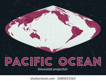 Océano Pacífico. Mapa mundial. Proyección sinusoidal centrada en el Océano Pacífico. Pale Mint Dark Pink. Textura de Antiguas. Ilustración vectorial con estilo.