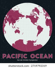 Oceano Pacífico. Mapa do mundo. Projeção Van der Grinten II centrada no Oceano Pacífico. Paleta de menta pálida rosa escuro. Textura vintage. Ilustração de vetor elegante.
