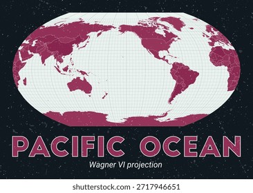 Océano Pacífico. Mapa mundial. Proyección de Wagner VI centrada en el Océano Pacífico. Pale Mint Dark Pink. Textura de Antiguas. Increíble Ilustración vectorial.