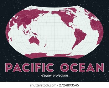 Océano Pacífico. Mapa mundial. Proyección de Wagner centrada en el Océano Pacífico. Pale Mint Dark Pink. Textura de Antiguas. Ilustración vectorial Auténtica.