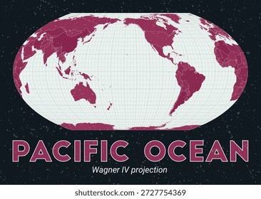 Océano Pacífico. Mapa mundial. Proyección Wagner IV centrada en el Océano Pacífico. Pale Mint Dark Pink. Textura de Antiguas. Ilustración vectorial vibrante.