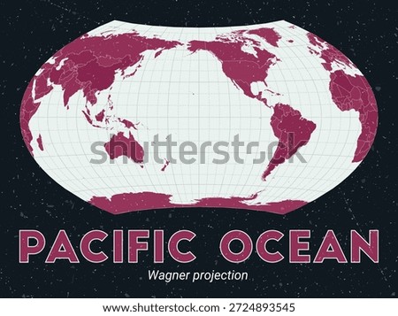 Pacific Ocean. World map. Wagner projection centered to Pacific Ocean. Pale Mint Dark Pink palette. Vintage texture. Authentic vector illustration.