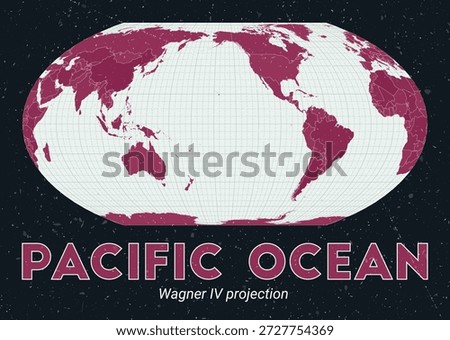 Pacific Ocean. World map. Wagner IV projection centered to Pacific Ocean. Pale Mint Dark Pink palette. Vintage texture. Vibrant vector illustration.