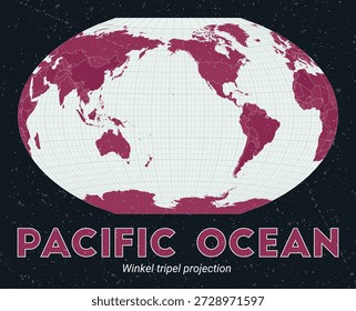 Océano Pacífico. Mapa mundial. Winkel triple proyección centrada en el Océano Pacífico. Pale Mint Dark Pink. Textura de Antiguas. Ilustración vectorial cautivadora.