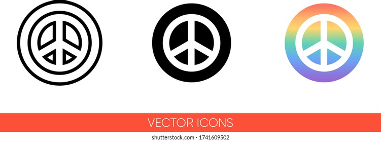 Pacific, peace sign, international symbol of peace, disarmament, antiwar movement on rainbow circle background icon of 3 types: color, black and white, outline. Isolated vector sign symbol.