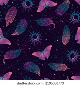 Patrón transparente y rosa del Pacífico con hierbas. Boho fondo mágico con elementos espaciales estrellas, mariposas. Textura del doodle vectorial.