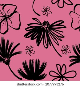 Pacific Pink vector seamless pattern with abstract black flower. Hand drawn shapes and line-art. Contour drawing, botanical element. 