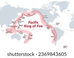 Pacific Ring of Fire, world map with oceanic trenches. The Rim of Fire, or also  Circum-Pacific Belt. Region around the rim of the Pacific Ocean, where many volcanic eruptions and earthquakes occur.
