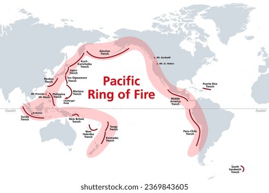 Pacific Ring of Fire, world map with oceanic trenches. The Rim of Fire, or also  Circum-Pacific Belt. Region around the rim of the Pacific Ocean, where many volcanic eruptions and earthquakes occur.