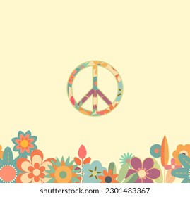 Pacific sign – is peace symbol, peace sign, drawn in groovy hippie retro style with flowers.  Vector illustration