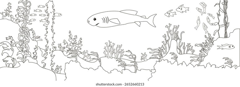 Pacific sleeper shark underwater wildlife. Black and white line art. Beautiful silhouette seascape at the ocean bottom with floral coral reefs, plants, rocks and fish. Vector illustration.