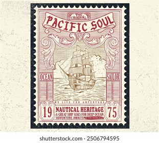 Pacific soul. Sailboat in the sea, Sea captain. Summer adventure artwork. Navy stamp design. Vintage ship hand sketch for apparel, stickers, posters and background. 