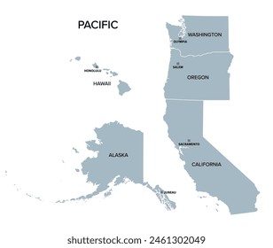 Los estados del Pacífico, la costa oeste de los Estados Unidos, mapa político gris. División del Censo de los Estados Unidos de la región occidental, integrada por los estados de Alaska, California, Hawái, Oregón y Washington.