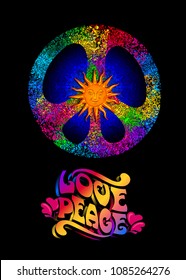 Pacific - a symbol of the hippie. Love and Peace concept. Rainbow psychedelic colors on a black background.