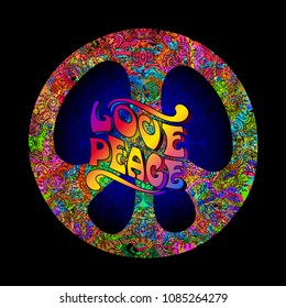 Pacific - a symbol of the hippie. Love and Peace concept. Rainbow psychedelic colors on a black background.