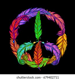 Pacific - a symbol of the hippie made of colored feathers in Boho style. Retro style in the 1960s, 60s, 70c. Peace and Love.