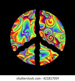 Pacific - a symbol of the hippie. Retro style in the 1960s, 60s, 70c Peace and Love. Rainbow psychedelic colors on a black background.